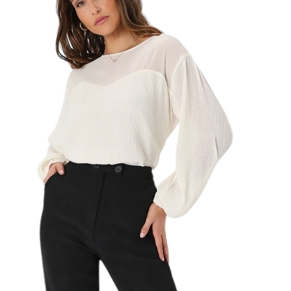 NEW Lulus Perfect Presentation Cream Long Sleeve Tie Back Top Ivory Size S